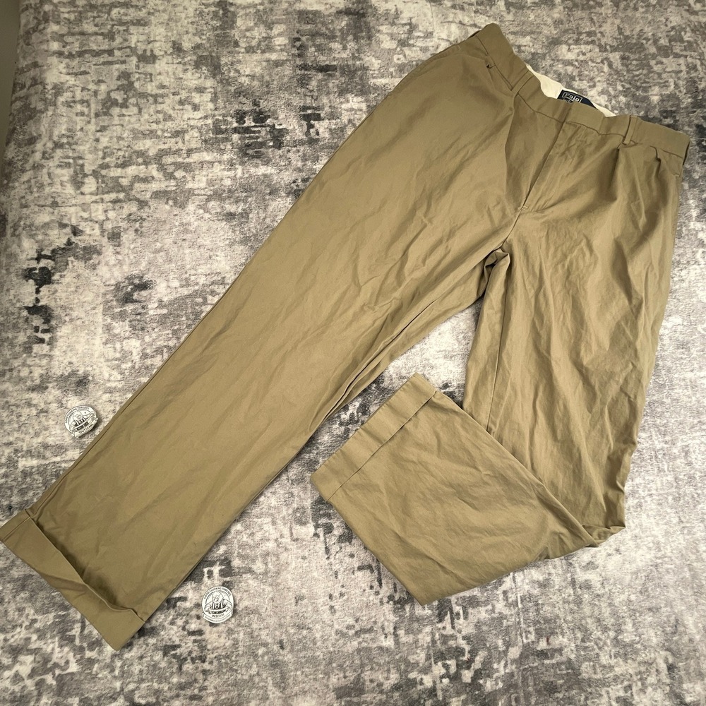 Polo Ralph Lauren Mens 35x30 Double Pleated Pants Solid Beige Chino Cotton Khaki